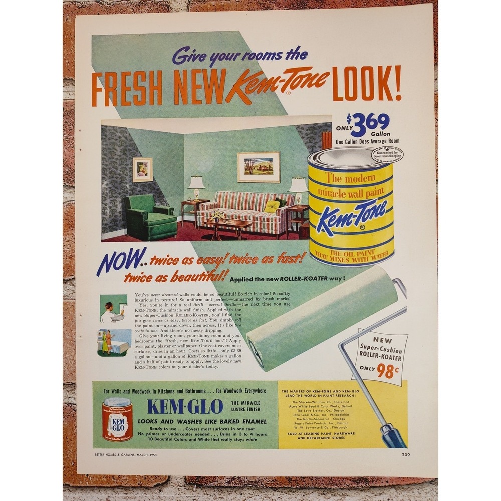 1950 Kem-Tone Paint Print Ad Kem-Glo‎ MCM Wall Art Fresh Room Postwar Optimism